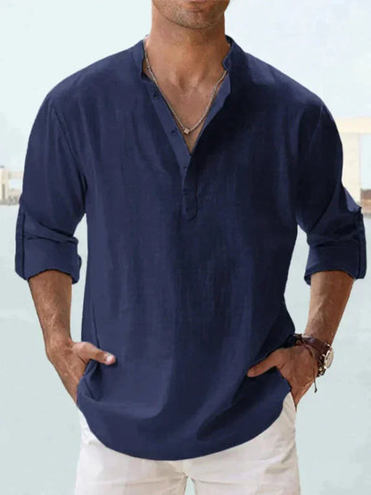 Homme Chemise Longue Manche avec Col Mao et Boutonnage Partiel