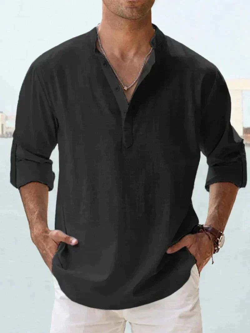 Homme Chemise Longue Manche avec Col Mao et Boutonnage Partiel