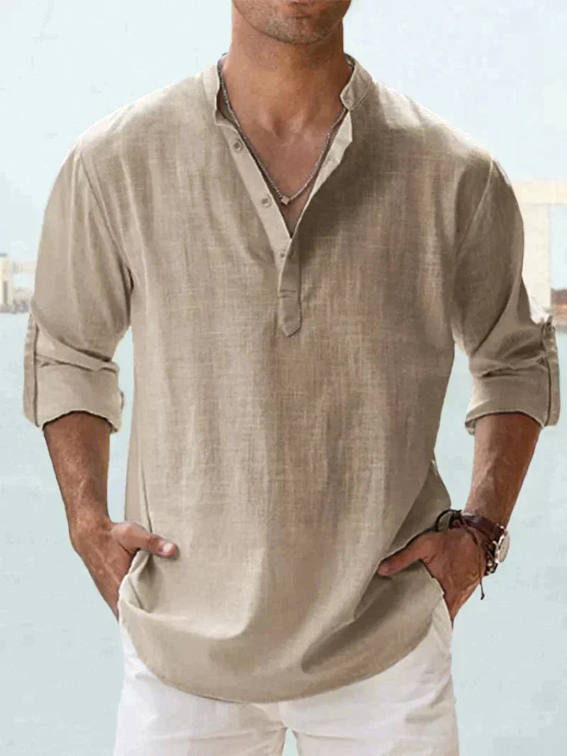 Homme Chemise Longue Manche avec Col Mao et Boutonnage Partiel