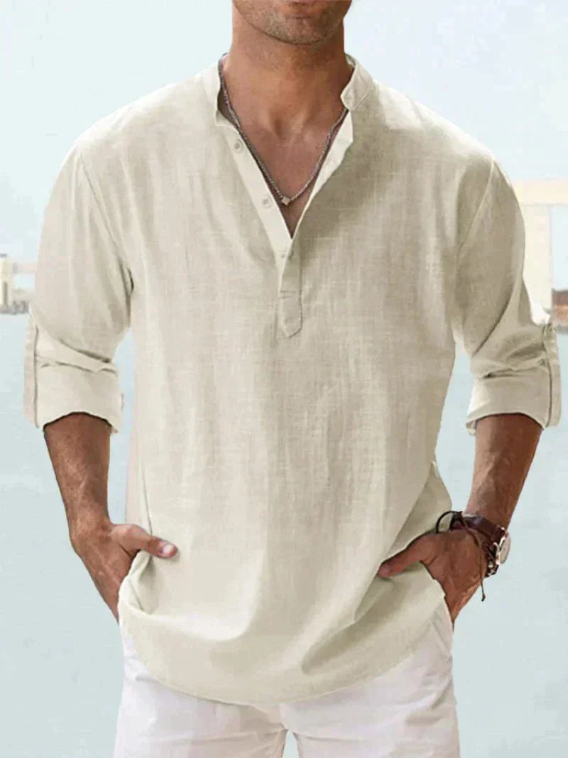 Homme Chemise Longue Manche avec Col Mao et Boutonnage Partiel