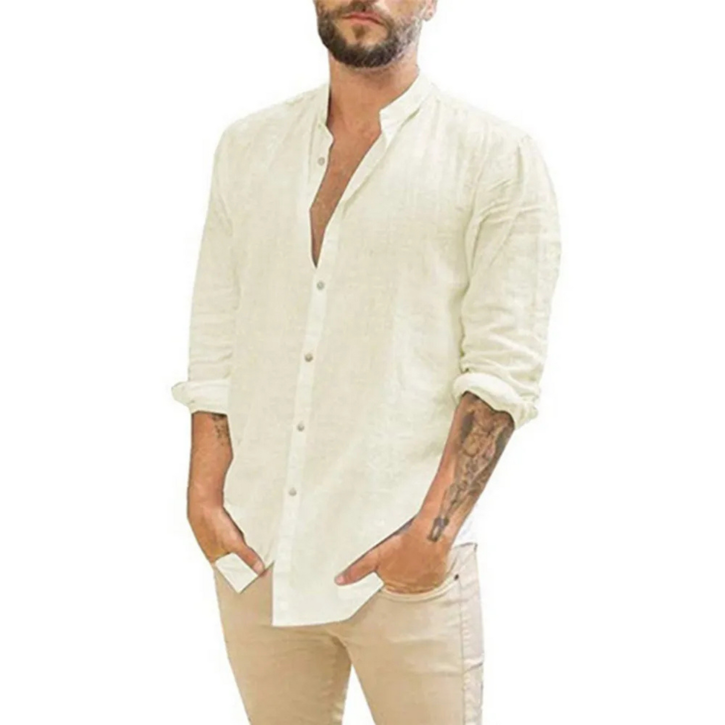 Homme Chemise Longue Manche avec Col Mao et Boutons