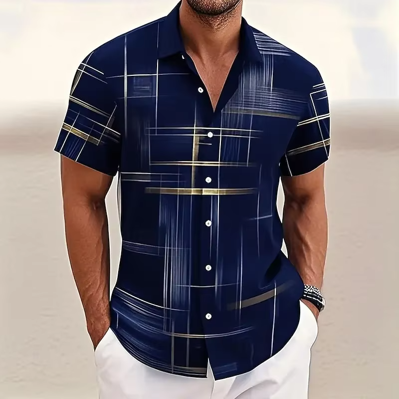 Homme Chemise Manches Courtes à Imprimé Géométrique et Col Rabattu