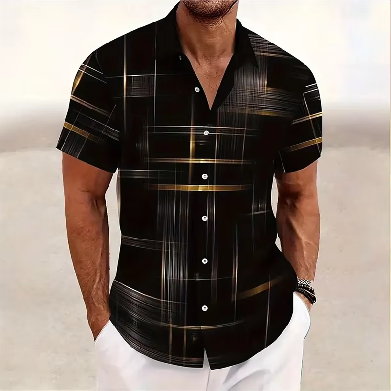 Homme Chemise Manches Courtes à Imprimé Géométrique et Col Rabattu