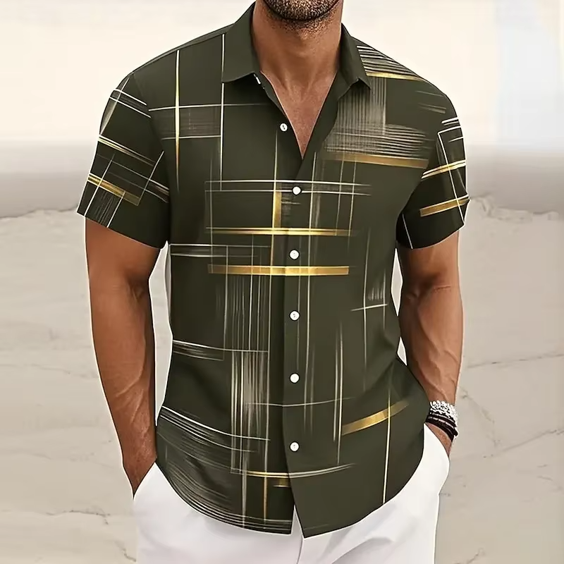 Homme Chemise Manches Courtes à Imprimé Géométrique et Col Rabattu