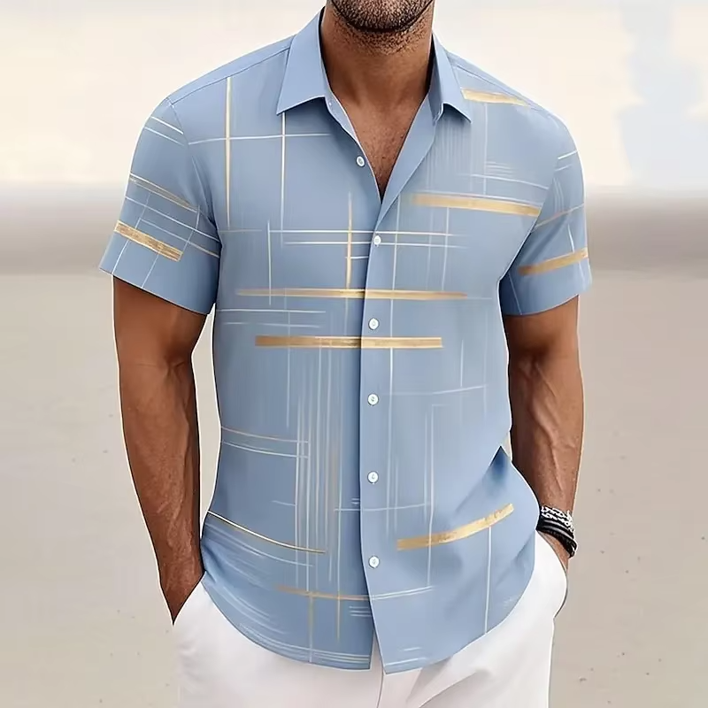 Homme Chemise Manches Courtes à Imprimé Géométrique et Col Rabattu