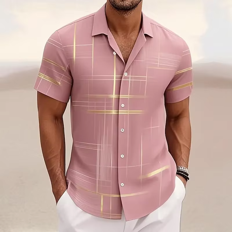 Homme Chemise Manches Courtes à Imprimé Géométrique et Col Rabattu