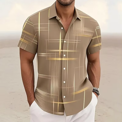 Homme Chemise Manches Courtes à Imprimé Géométrique et Col Rabattu
