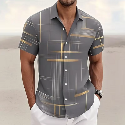 Homme Chemise Manches Courtes à Imprimé Géométrique et Col Rabattu