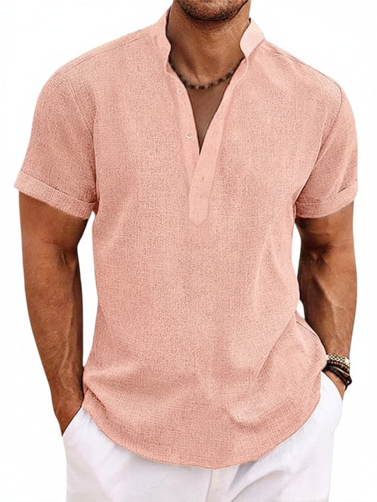 Homme Chemise Manches Courtes avec Col Mao et Boutonnage Henley