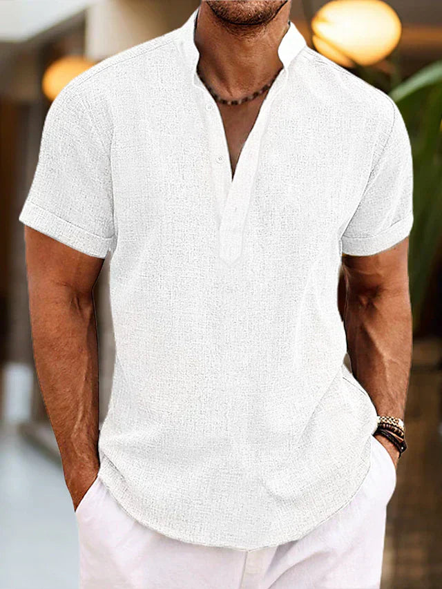 Homme Chemise Manches Courtes avec Col Mao et Boutonnage Henley