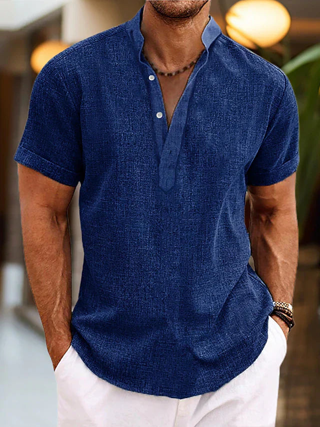 Homme Chemise Manches Courtes avec Col Mao et Boutonnage Henley