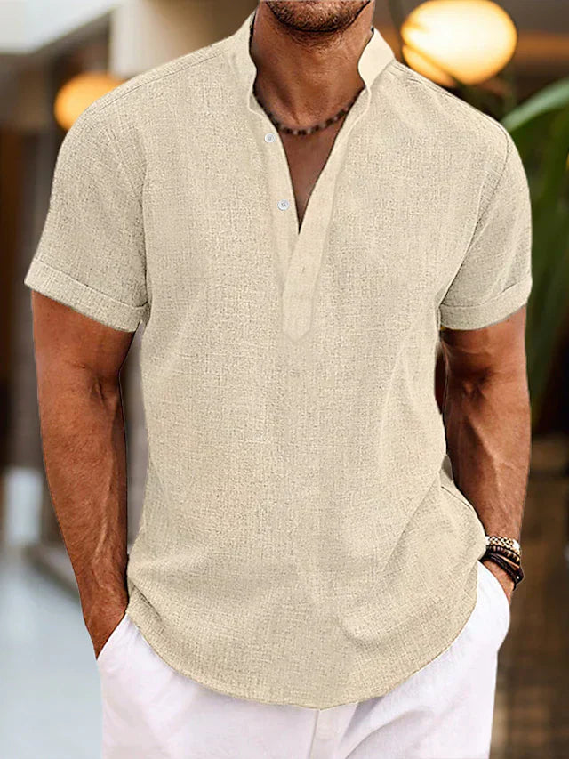 Homme Chemise Manches Courtes avec Col Mao et Boutonnage Henley
