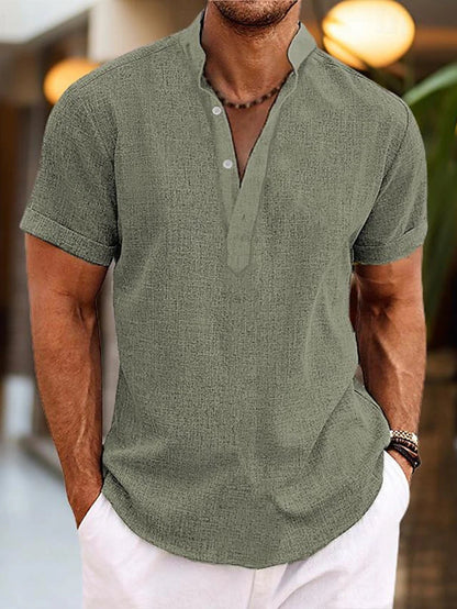 Homme Chemise Manches Courtes avec Col Mao et Boutonnage Henley