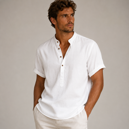 Homme Chemise Manches Courtes avec Col Mao et Boutonnage Partiel