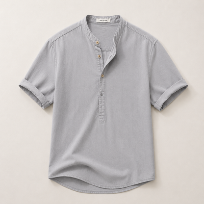 Homme Chemise Manches Courtes avec Col Mao et Boutonnage Partiel
