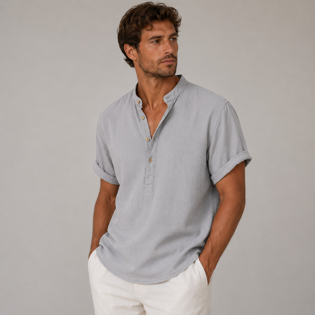 Homme Chemise Manches Courtes avec Col Mao et Boutonnage Partiel