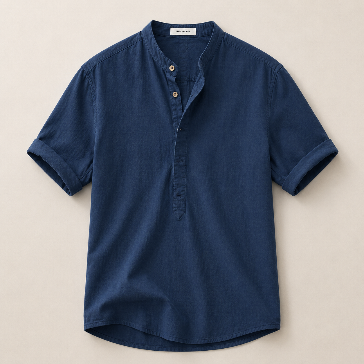 Homme Chemise Manches Courtes avec Col Mao et Boutonnage Partiel