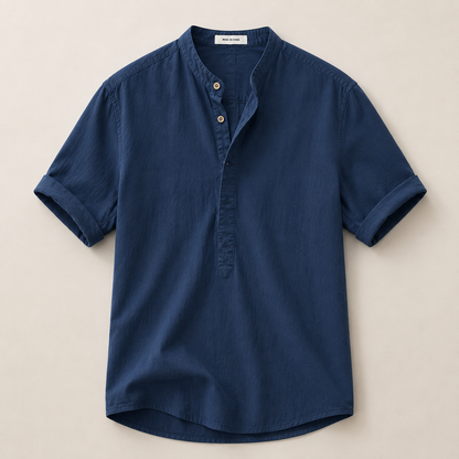Homme Chemise Manches Courtes avec Col Mao et Boutonnage Partiel