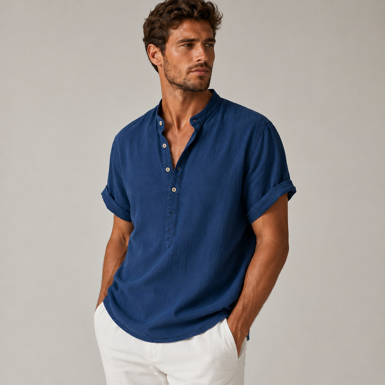 Homme Chemise Manches Courtes avec Col Mao et Boutonnage Partiel