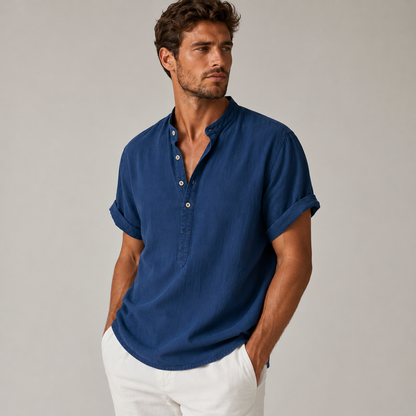 Homme Chemise Manches Courtes avec Col Mao et Boutonnage Partiel