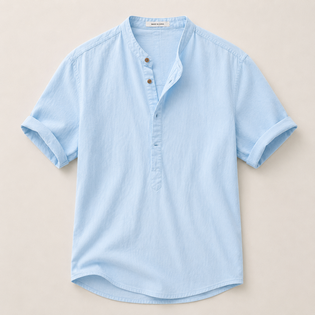 Homme Chemise Manches Courtes avec Col Mao et Boutonnage Partiel