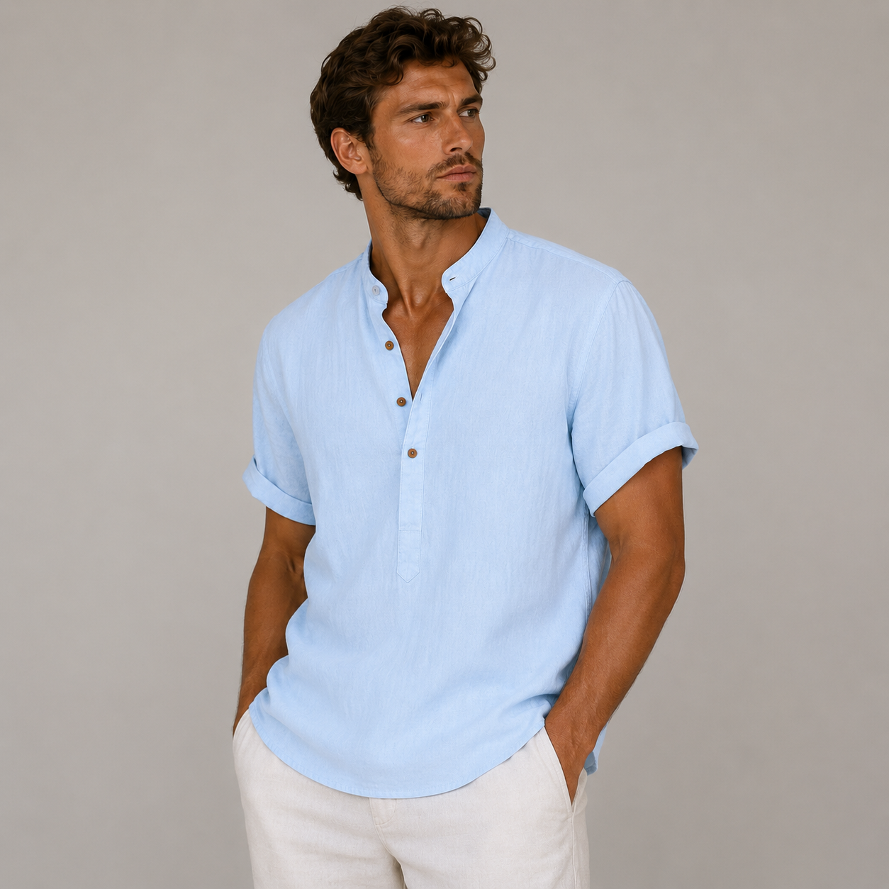 Homme Chemise Manches Courtes avec Col Mao et Boutonnage Partiel