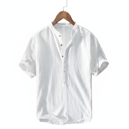 Men's Short-Sleeve Shirt with Mandarin Collar and Button Closure - 1