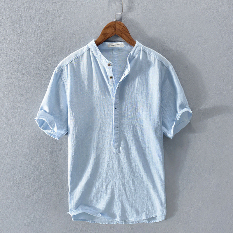 Homme Chemise Manches Courtes avec Col Mao et Boutons