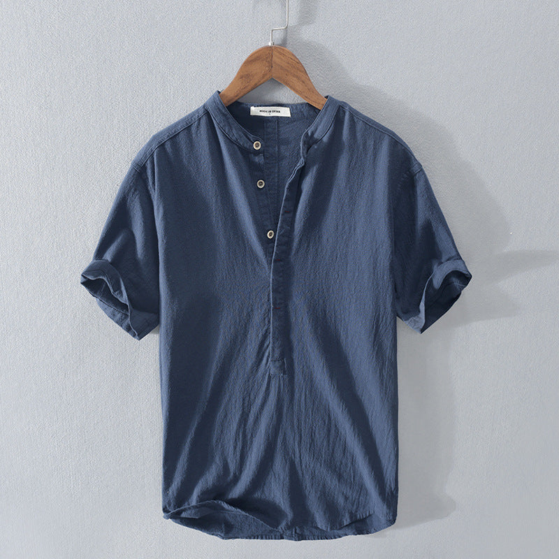 Homme Chemise Manches Courtes avec Col Mao et Boutons