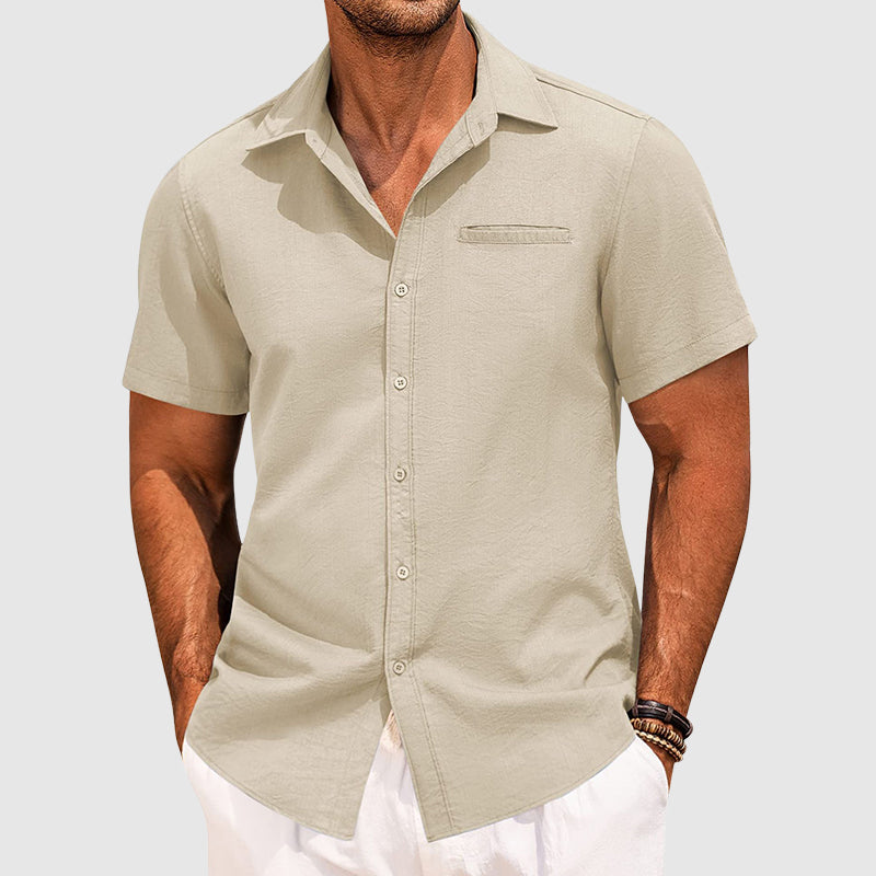 Homme Chemise Manches Courtes avec Col Ouvert et Poche Poitrine
