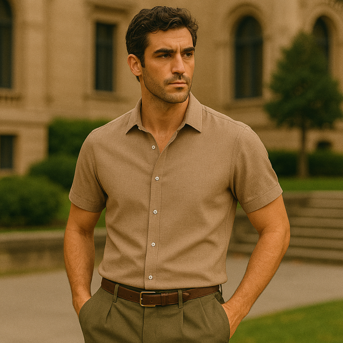 Homme Chemise Manches Courtes col Classique avec Boutons et Ourlet Arrondi