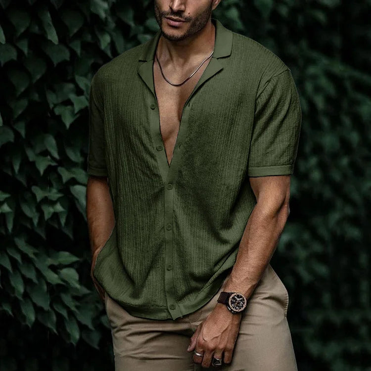 Homme Chemise Manches Courtes col Cubain avec Boutons