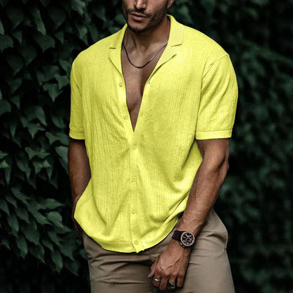Homme Chemise Manches Courtes col Cubain avec Boutons