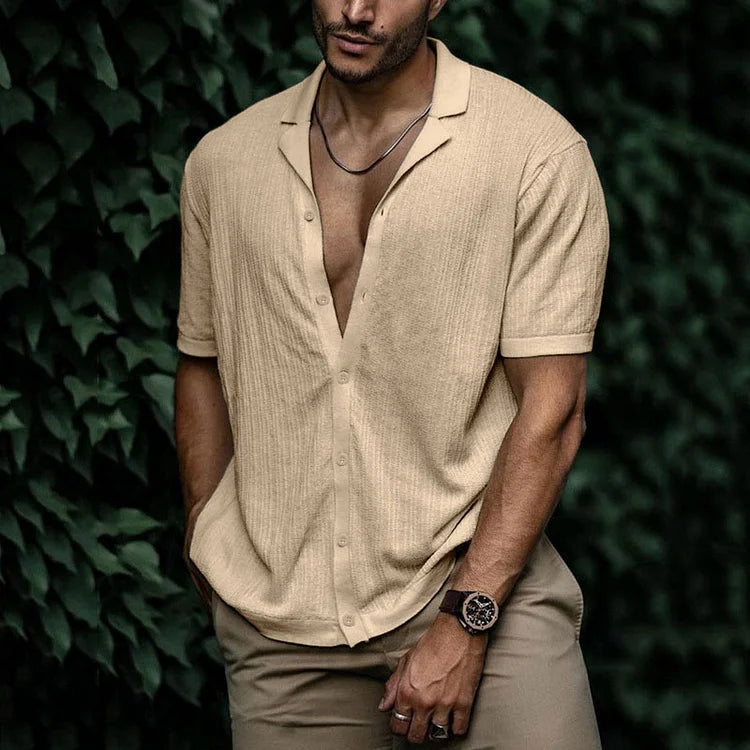 Homme Chemise Manches Courtes col Cubain avec Boutons