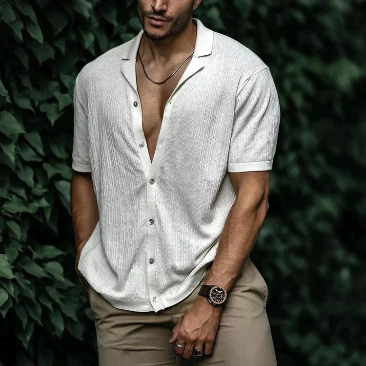 Homme Chemise Manches Courtes col Cubain avec Boutons