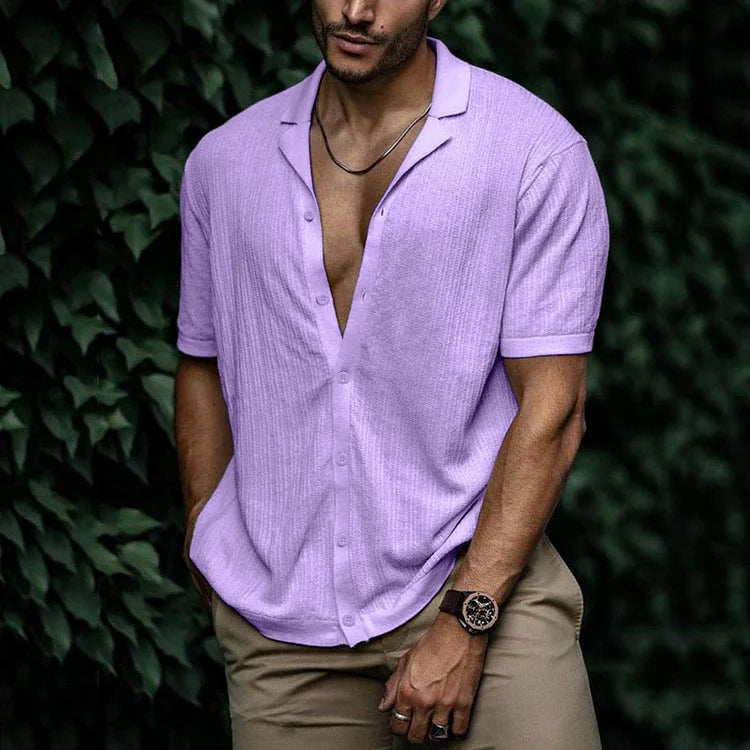 Homme Chemise Manches Courtes col Cubain avec Boutons