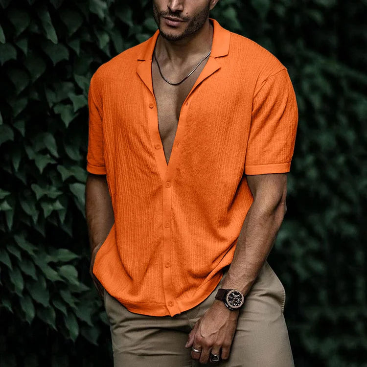 Homme Chemise Manches Courtes col Cubain avec Boutons