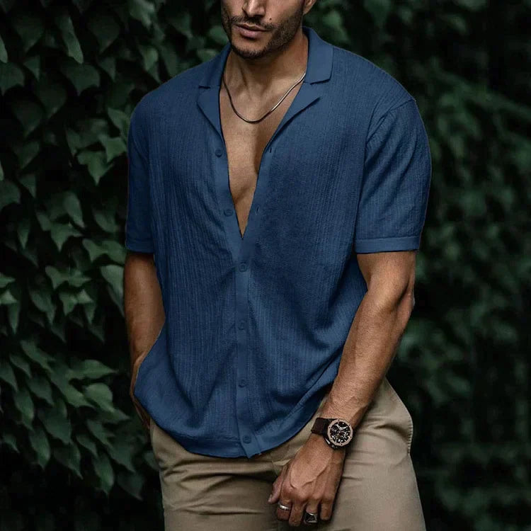 Homme Chemise Manches Courtes col Cubain avec Boutons