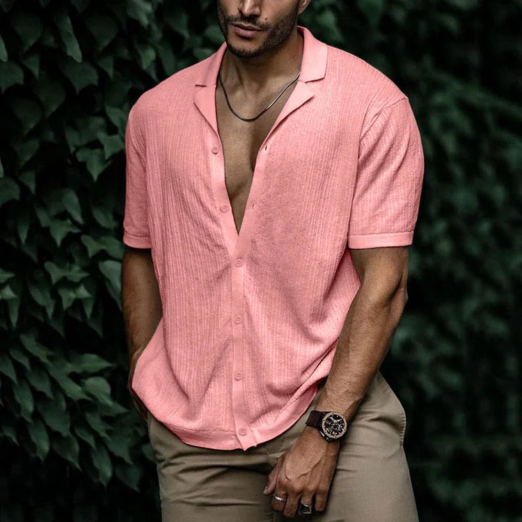 Homme Chemise Manches Courtes col Cubain avec Boutons