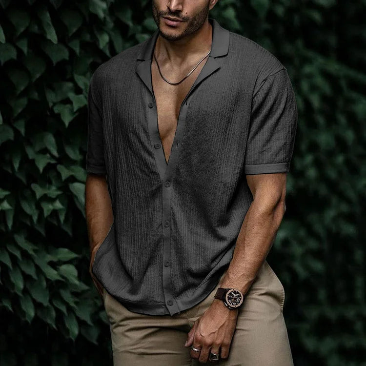 Homme Chemise Manches Courtes col Cubain avec Boutons