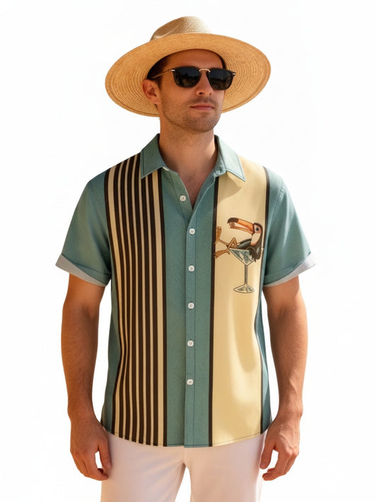 Men's Short-Sleeve Retro Tropical Shirt with Toucan Print and Stripes - 1