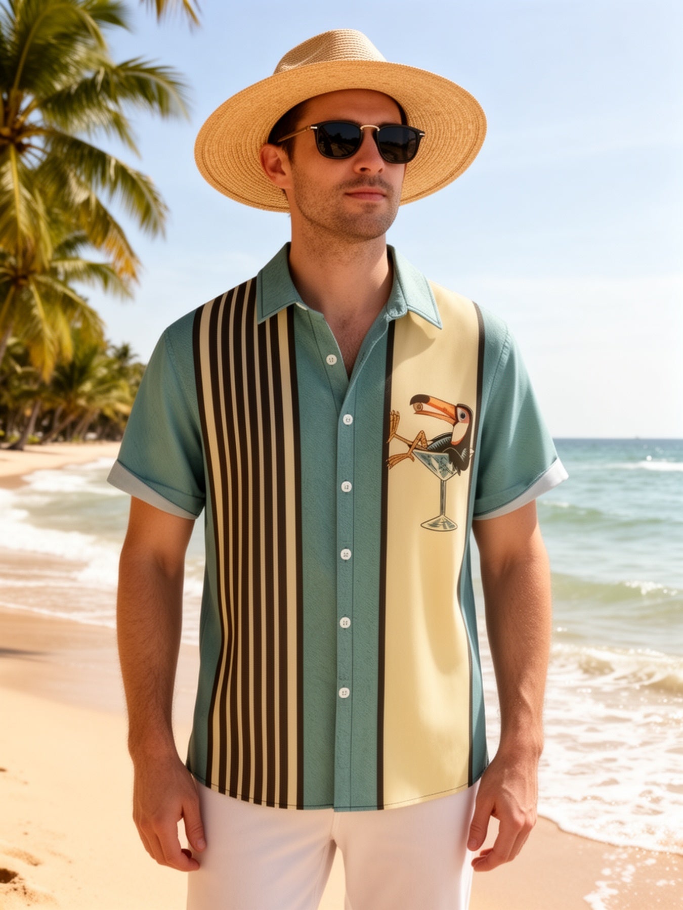 Homme Chemise Manches Courtes Rétro Tropical avec Imprimé Toucan et Rayures