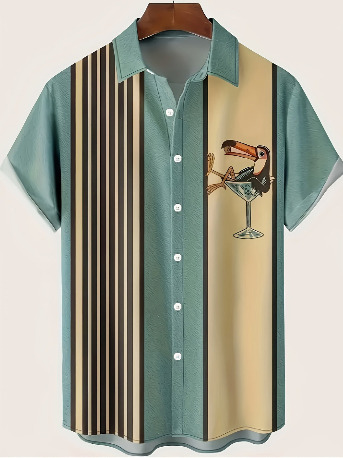 Homme Chemise Manches Courtes Rétro Tropical avec Imprimé Toucan et Rayures
