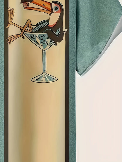 Homme Chemise Manches Courtes Rétro Tropical avec Imprimé Toucan et Rayures