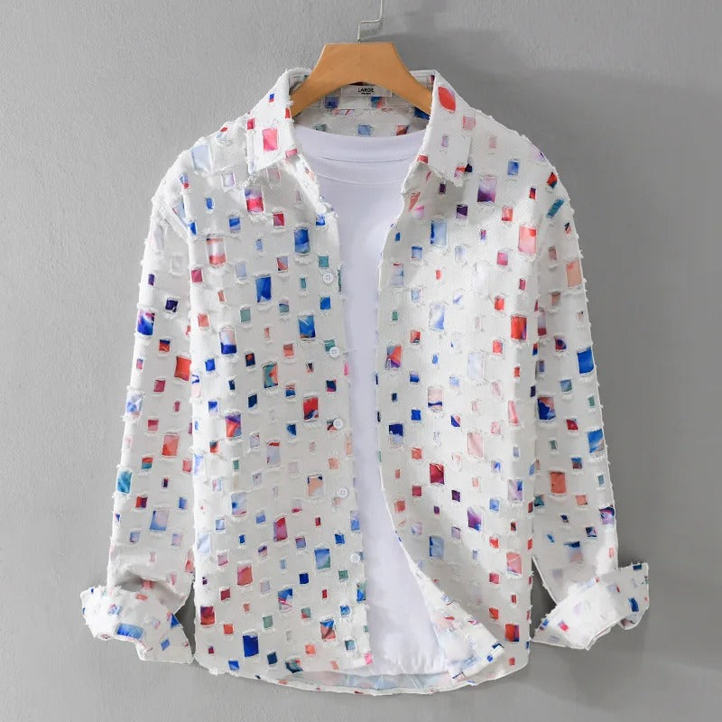 Homme Chemise Manches Longues à Imprimé Carreaux et Franges Effilochées
