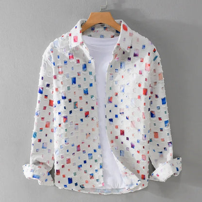 Homme Chemise Manches Longues à Imprimé Carreaux et Franges Effilochées