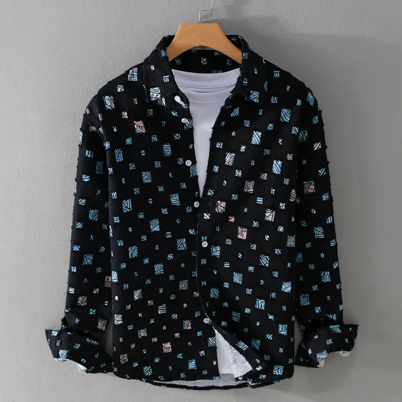 Homme Chemise Manches Longues à Imprimé Carreaux et Franges Effilochées