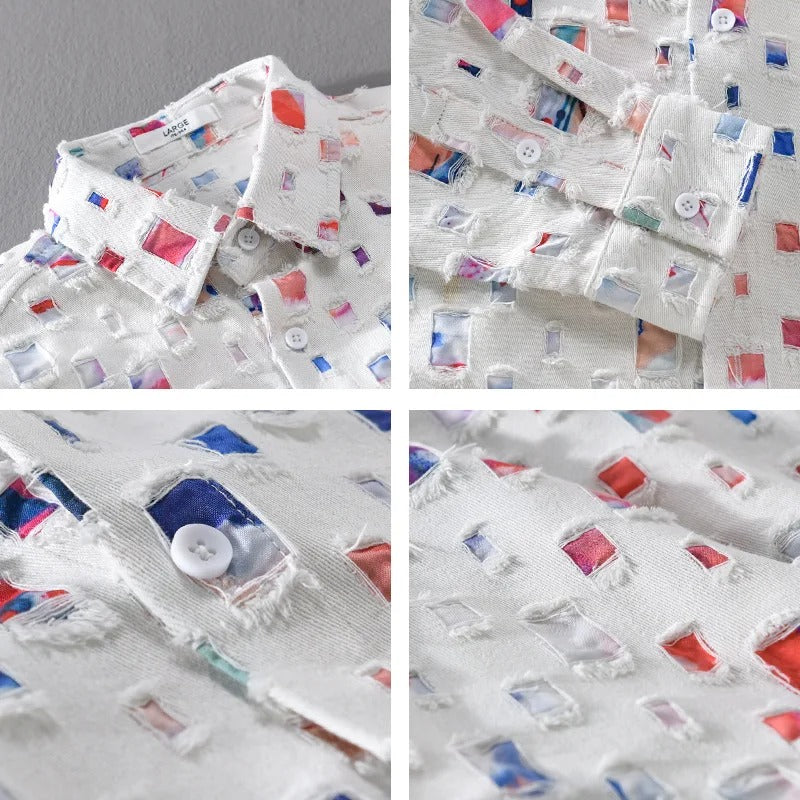 Homme Chemise Manches Longues à Imprimé Carreaux et Franges Effilochées