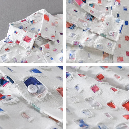 Homme Chemise Manches Longues à Imprimé Carreaux et Franges Effilochées
