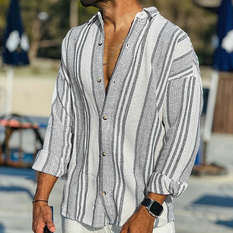 Homme Chemise Manches Longues à Rayures avec Col Boutonné